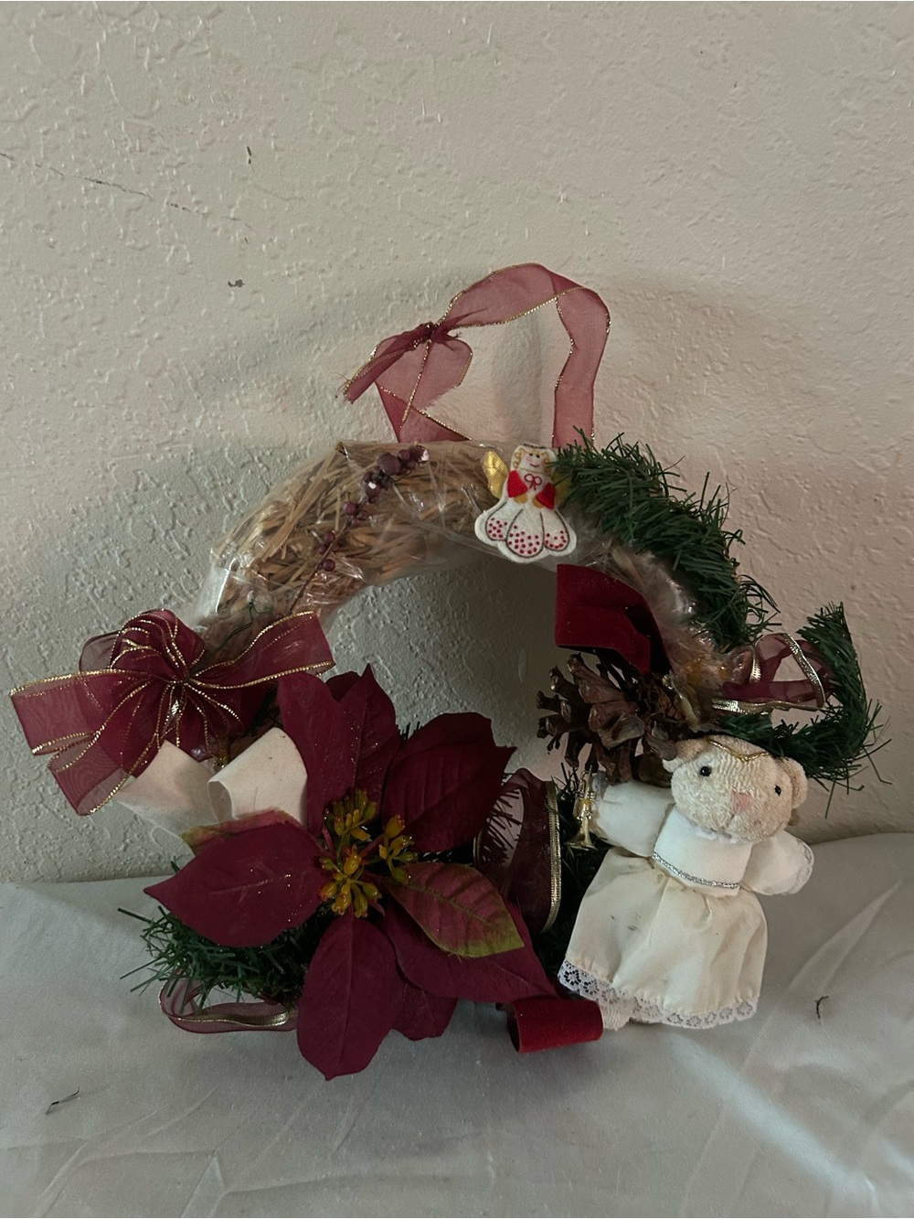 Vintage Christmas Wreath Angel Poinsettia Shabby Chic Cottagecore Holiday
